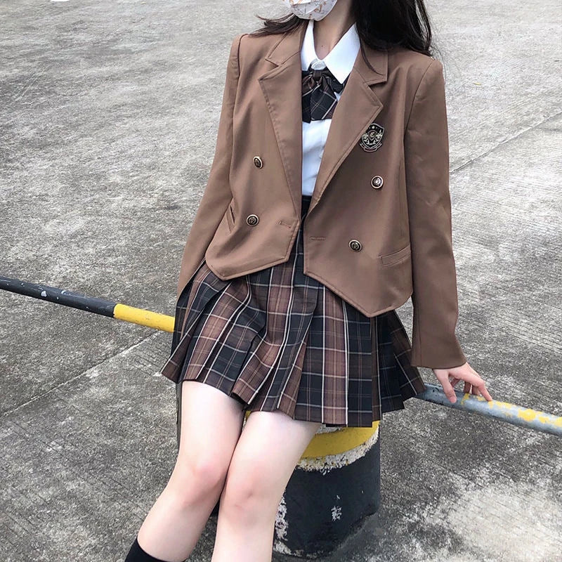 Japanese JK Jacket Uniform Blazer Ladies Suit Double Breasted Spring Autumn College Style School Uniform Coat Khaki Brown Top