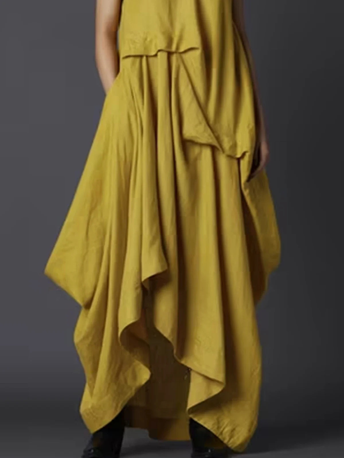 Women's Tank Dress Pleated Pockets Vintage Asymmetric Hem Long Dress Solid Minimalist Casual Round Neck Summer Female Dress