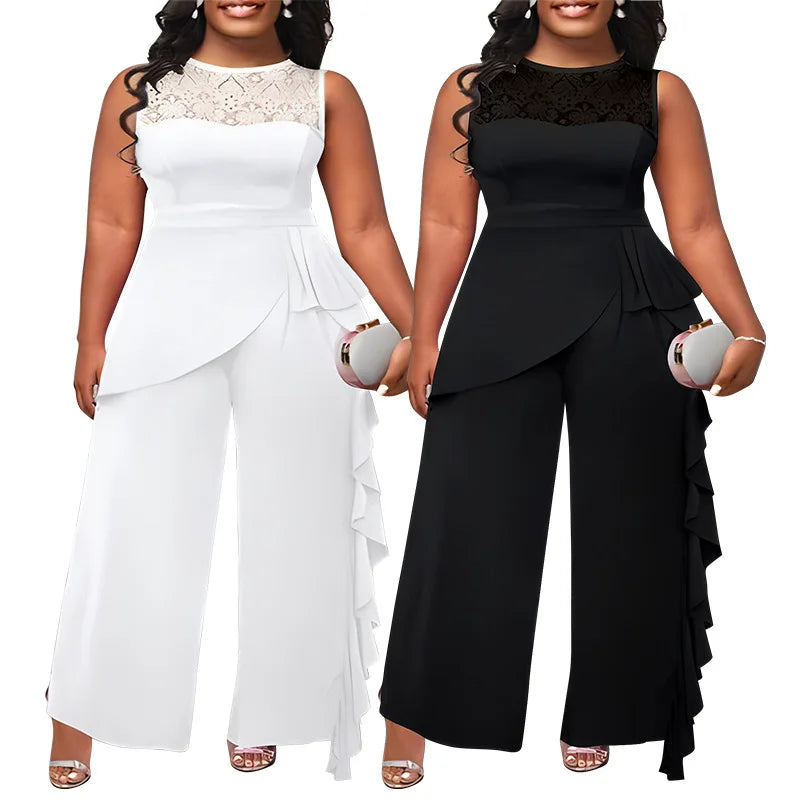 Plus Size Spring Summer Fashion Solid Jumpsuit Women Sexy Round Neck Sleeveless Wooden Ear Edge Wide Leg Pants Elegant Jumpsuit