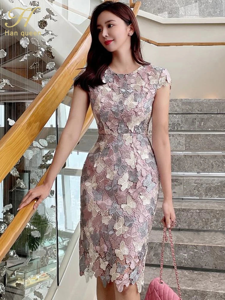 H Han Queen 2023 Summer Elegant Chic Lace Dresses Women Korean Retro Vestidos Fashion Color Blocking Office Party Casual Dress