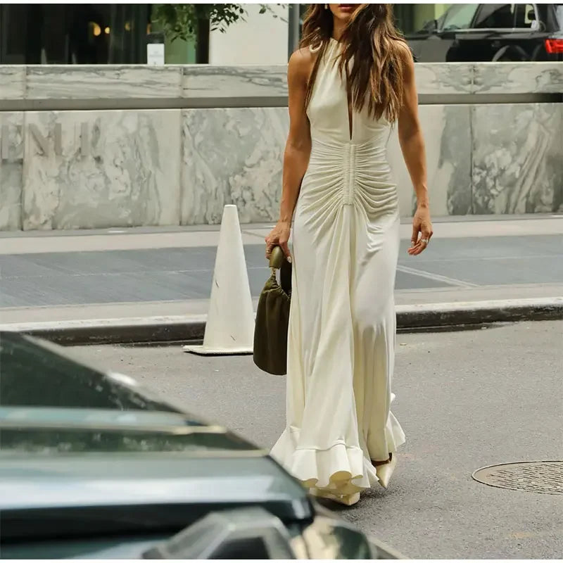 Sexy Pleated Drawstring Slim Flounce Maxi Dress Women Chic Cut Out Sleeveless Ruffle Robes 2024 Spring Club Party Chic Vestidos