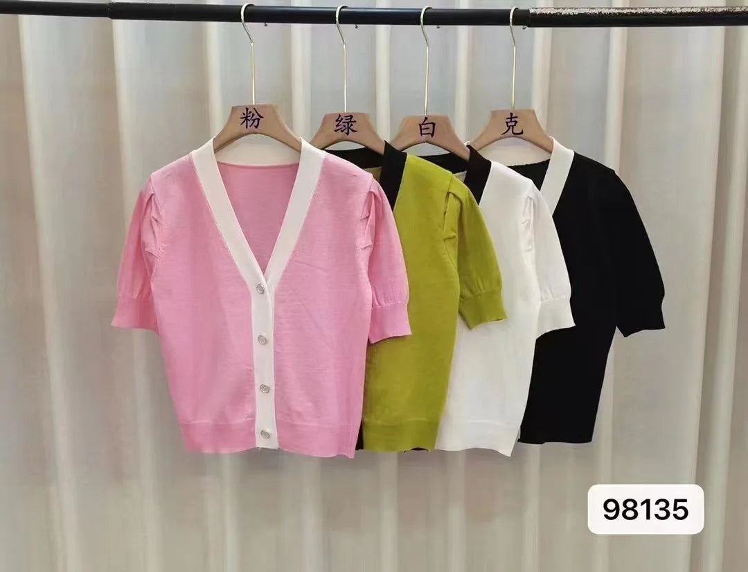 V Neck Half Sleeve Ice Silk Knitting Coat Sueter Mujer Crop Pink Sweaters Women Lazy Y2k Short Cardigan Feminino Pull Femme