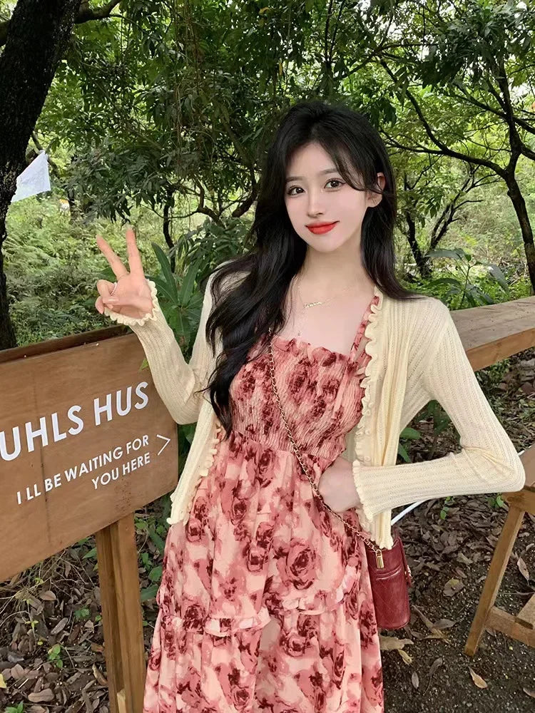 Summer New Sweet Elegant Halter Dress Slash Neck Floral High Waist Pleats Long Dress Patchwork Holiday Style Boho Dress
