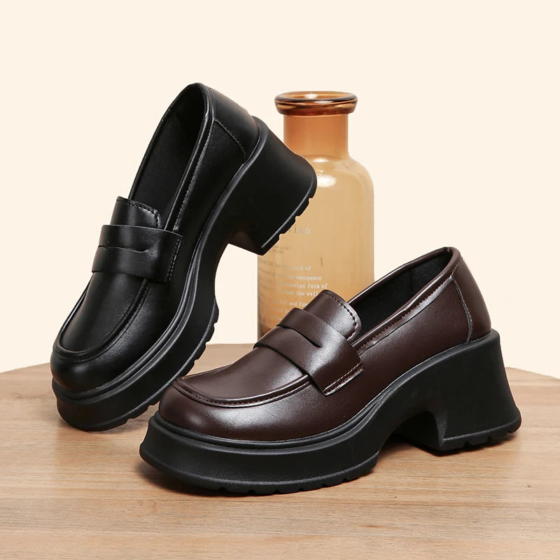 Lucyever Pu Leather Platform Loafers Woman 2023 British Style Thick Heels Oxfords Shoes Women Slip On College Gothic Shoes Mujer