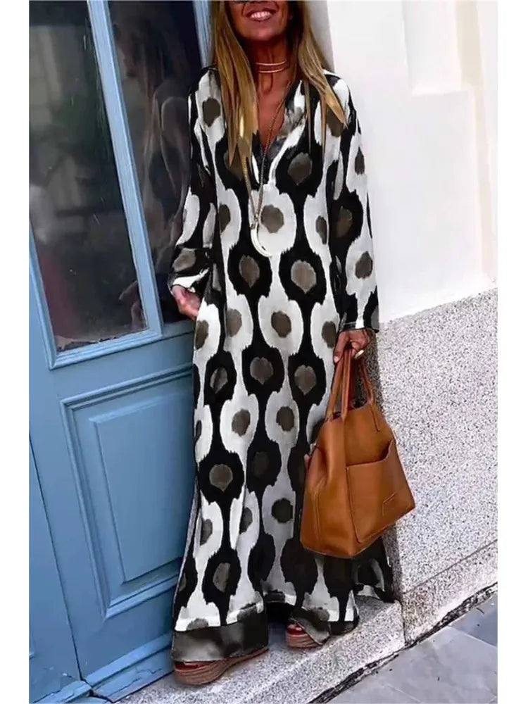 Women Geometric Printing Split Maxi Dress 2024 Autumn Causal V Neck Long Sleeve Dresses Female Holiday Beach Boho Dress Vestidos