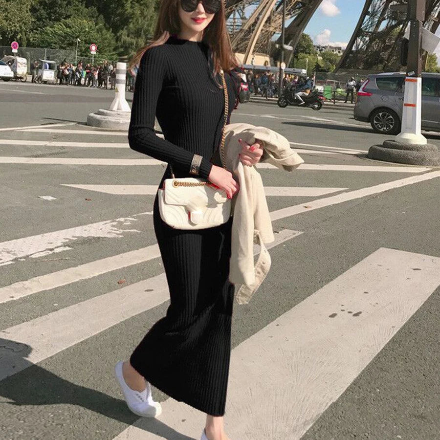 Winter Warm Slim Pullovers Sweater Dress Fashion Knitting Cotton Dress Women Long Sleeve O-neck Sheath Ankle-Length Dress