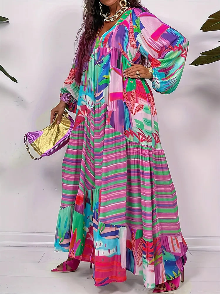 Plus Size Fall/Winter New Women's Casual Dress, Long Sleeve, V-Neck, Irregular Pattern Print Personalized Apparel Dresses