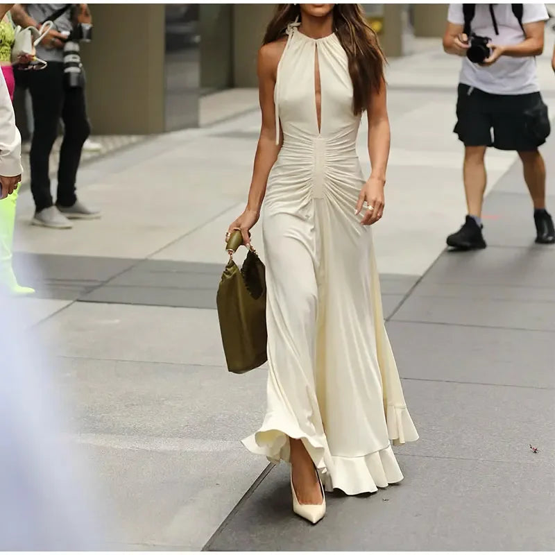 Sexy Pleated Drawstring Slim Flounce Maxi Dress Women Chic Cut Out Sleeveless Ruffle Robes 2024 Spring Club Party Chic Vestidos