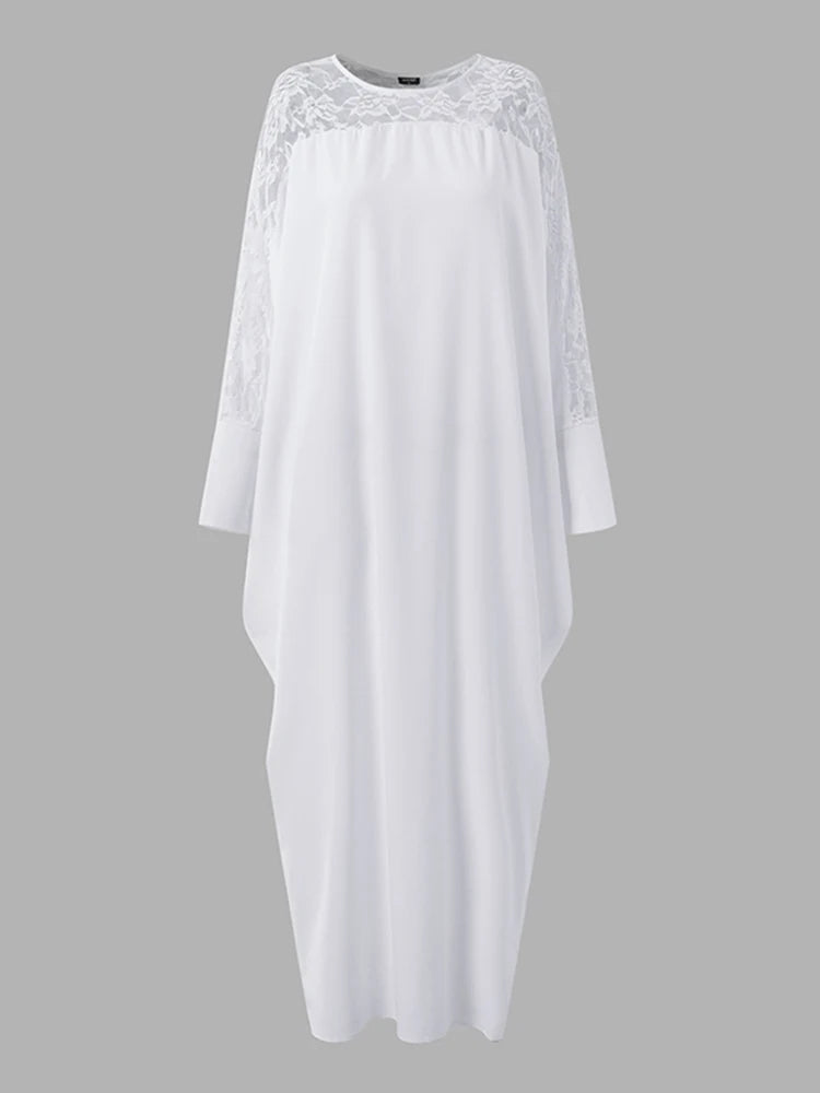 VONDA Plus Size Women Maxi Dress Summer Sundress Long Sleeve White Lace Robe Female Holiday Patchwork Casual Long Vestido