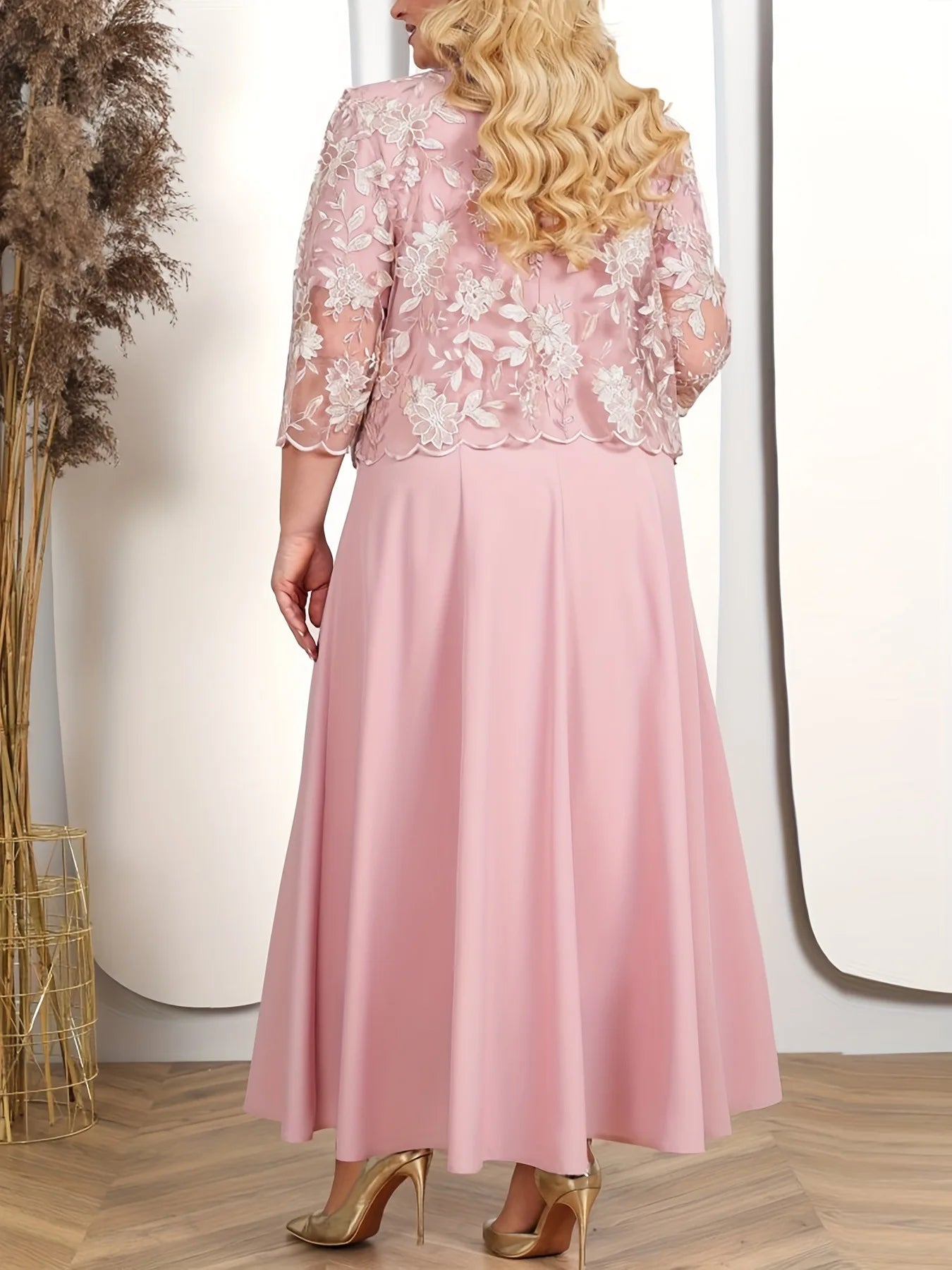 Plus Size Dress Two-piece Set Lace Chiffon Three-quarter Sleeves O-neck Dress Wedding Midi Robe Fashion Elegant Party Dresses
