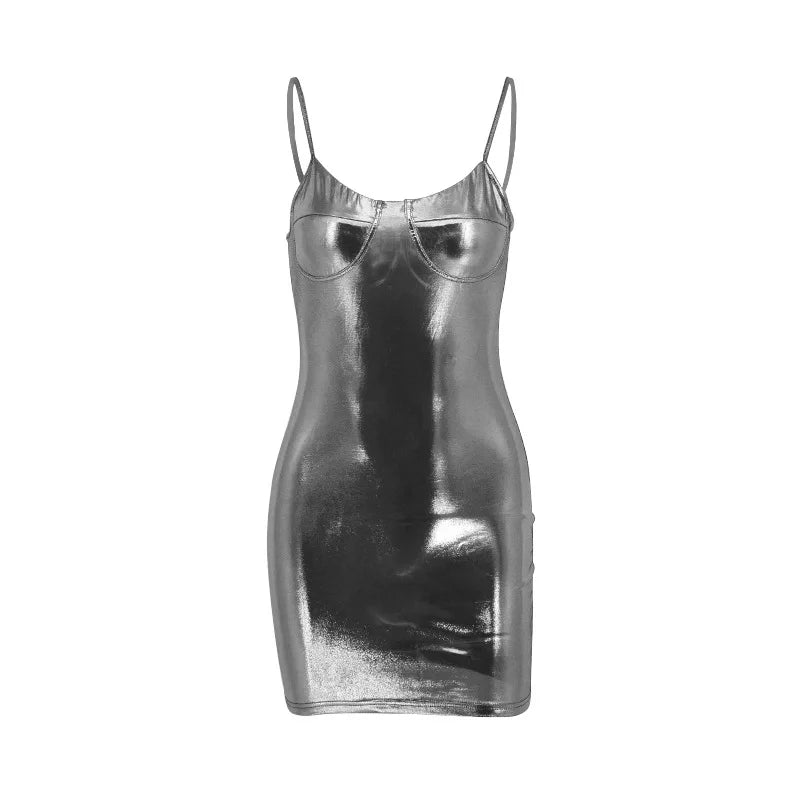 2024 Bling Glitter Backless Mini Dress For Women PU Metallic Sexy Club Bodycon Strap Bright Color Spaghetti Y2K Clothes