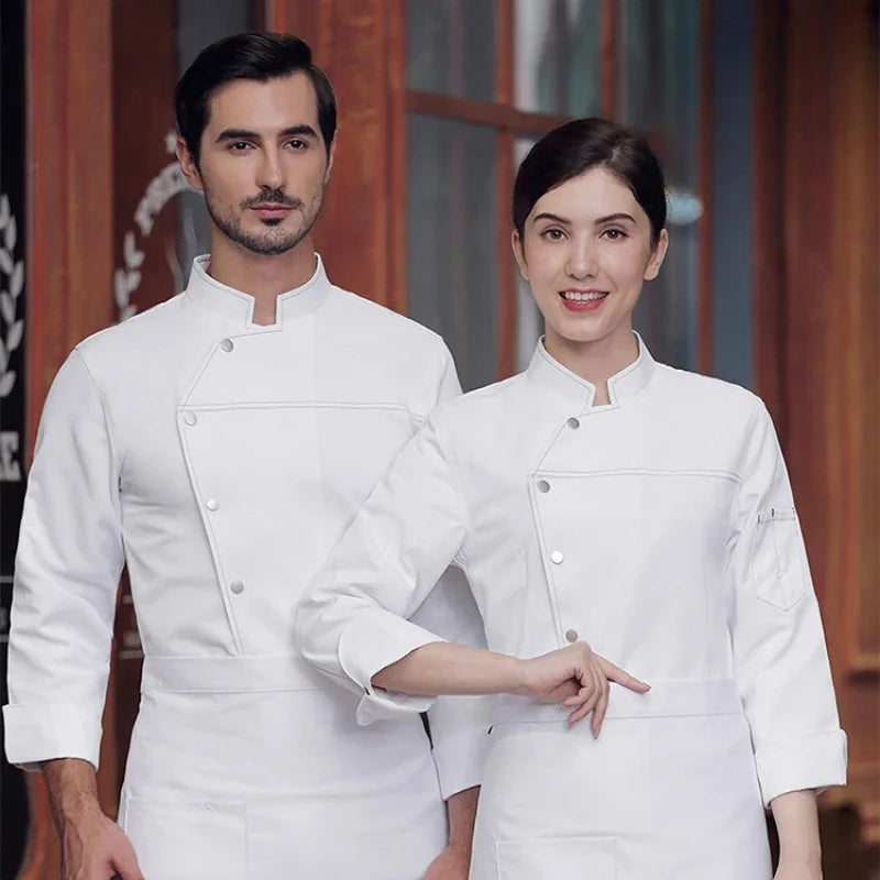 Chef Jacket Long Sleeve with Buttons - Classic Black and White Bartender Baker Waiter Uniform