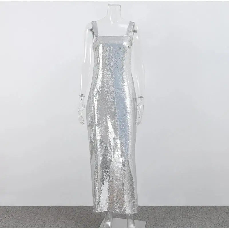 Sexy Sling Backless Hollow Out Silver Dresses Women Fashion High Waist Sleeveless Bodycon Dress Female Evening Party Vestidos