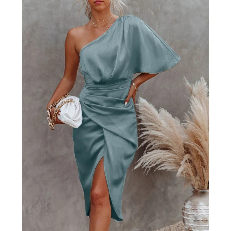 Women One Shoulder Batwing Sleeve Ruched Asymmetrical Satin Midi Bodycon Dresses