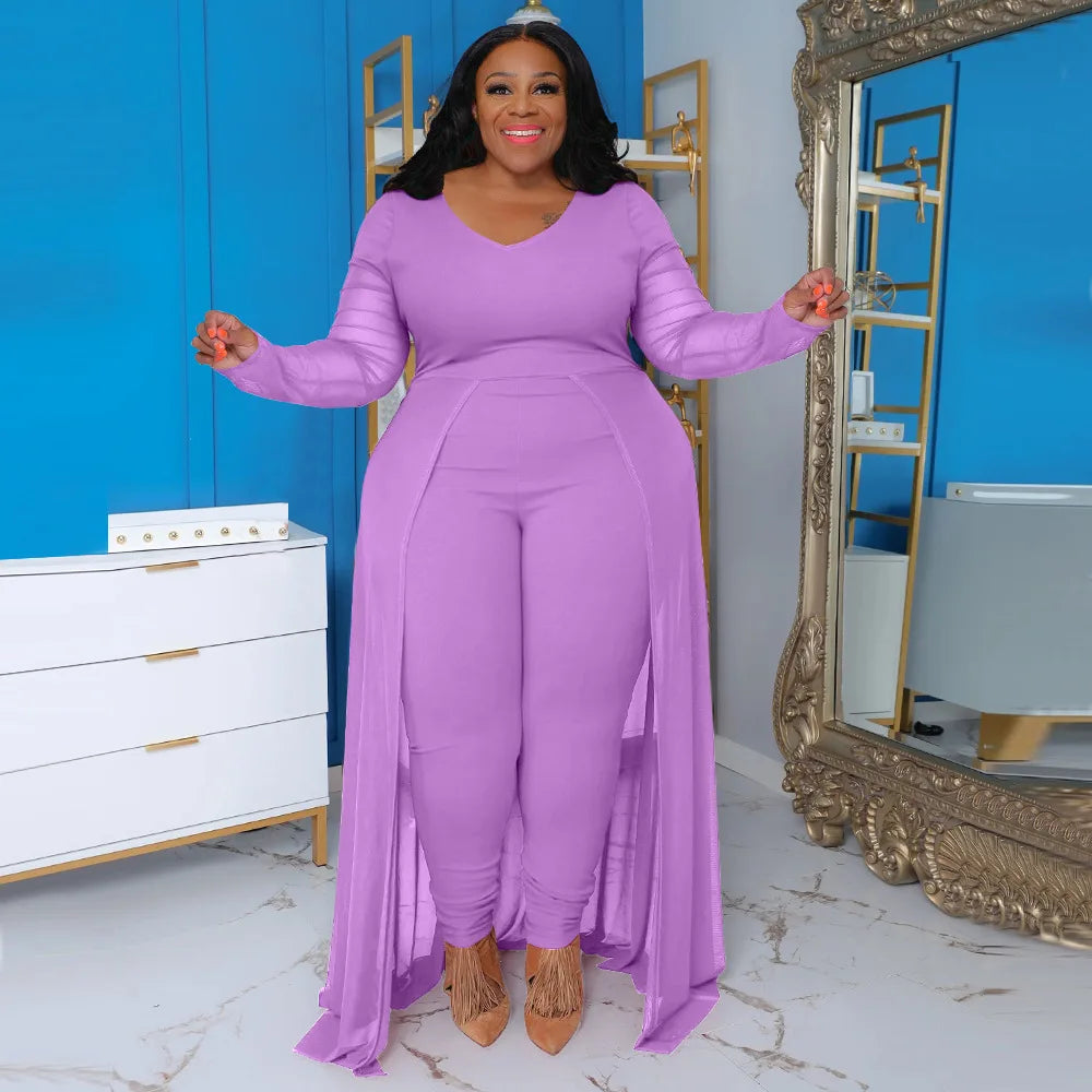 Plus Size 5XL Jumpsuit for Women Elegant O Neck Long Sleeve Stretch Pockets Patchwork Dresses Romper One-piece Overalls 2023
