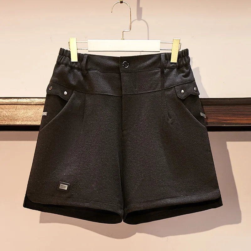 New 2022 Autumn Winter Plus Size Shorts For Women Large Casual Black Wide Leg Pocket Woolen Thick Shorts 3XL 4XL 5XL 6XL 7XL