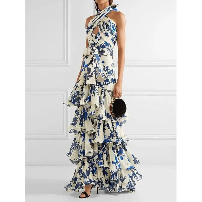 Spring Summer 2024 Bohemian Vacation Style Lace-up Lolita Large Swing Dress Printed Dress Long Loose Maxi Dresses