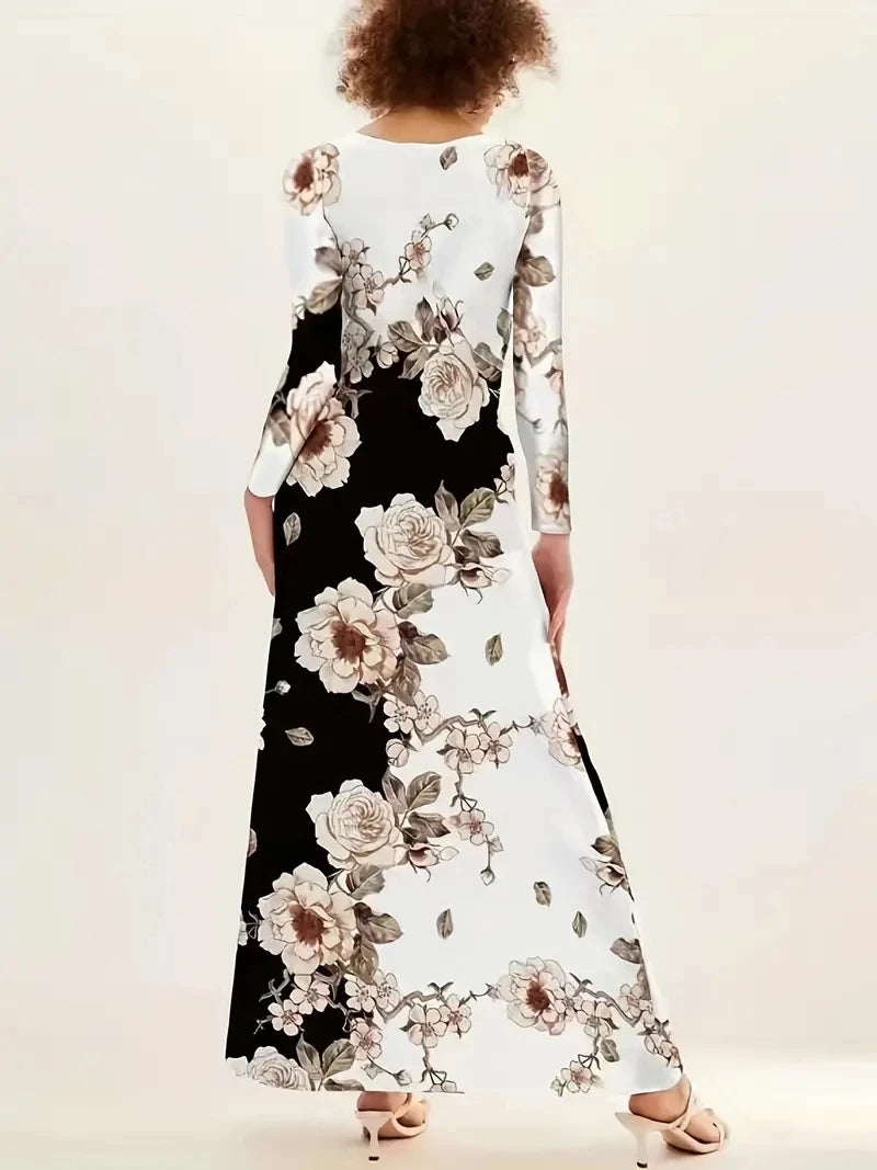 Plus Size Autumn Winter Long Dress Women Black Long Sleeve O-neck Pocket Elegant Dresses Party Casual Print Vintage Dress