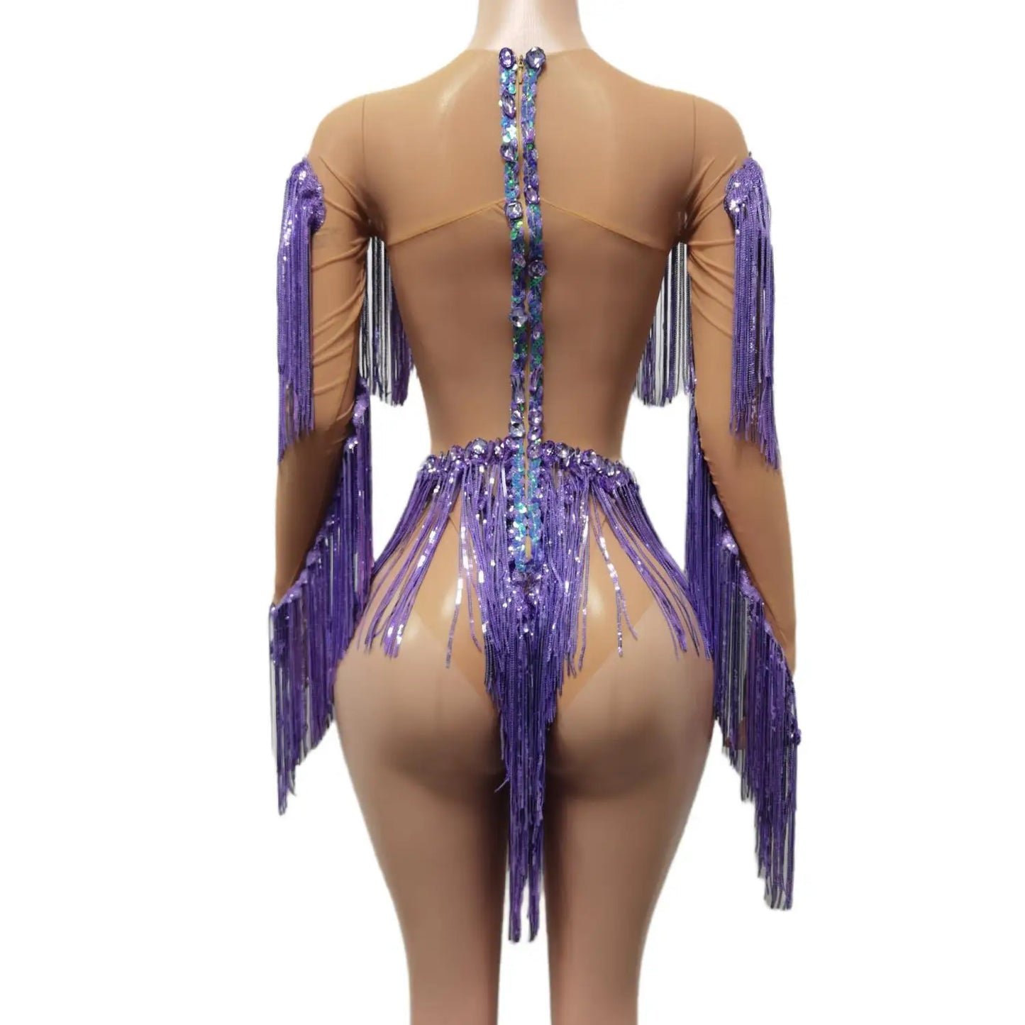 Purple Shining Rhinestones Tassel Bodysuits Women Fashion Show Model Clothing Sexy Stage Costume Jazz Dance Wears Weixiao