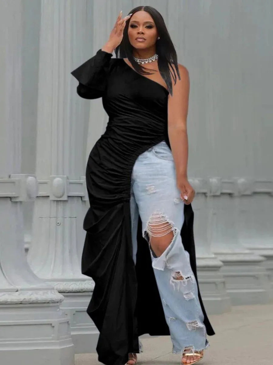 LW Plus Size Spring Solid Asymmetrical Side Split Stretchy Draped Dress Sexy Plain Party Female Vestidos Maxi Dress