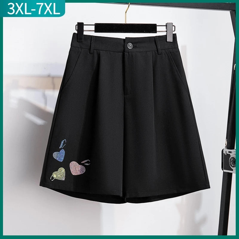 New Ladies Summer Plus Size Shorts For Women Large Loose Casual Wide Leg diamonds Black Shorts 3XL 4XL 5XL 6XL 7XL