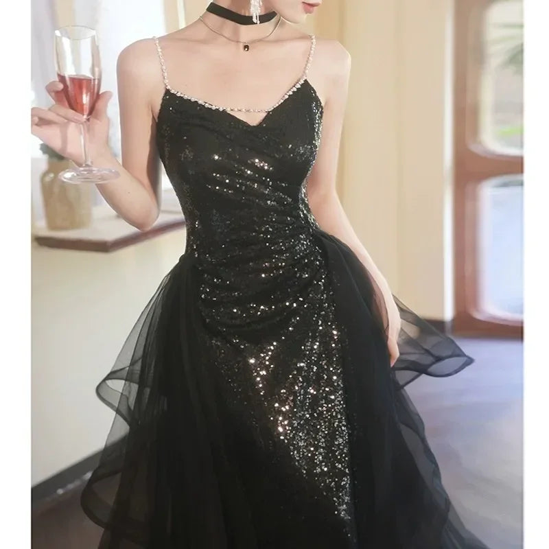 Women's Prom Dresses Slim Off The Shoulder Sleeveless Black Sequin Banquet Long Skirt Evening Party Dress for Women Vestidos