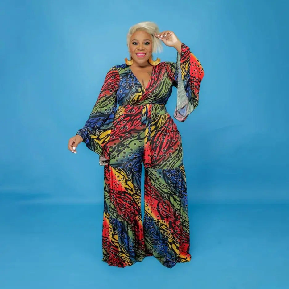 Plus Size V Neck Elegant Jumpsuit Zigzag Print One Piece Outfit Female Loose Belt Playsuit 2023 Women Fashion Wide Leg Pants