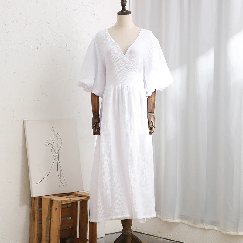 Causal 100% Cotton Women's Dress Vintage Crepe Gauze V-Neck Puff Sleeve Bandage Lace Up Elegant White Dresses Long Maxi Robe