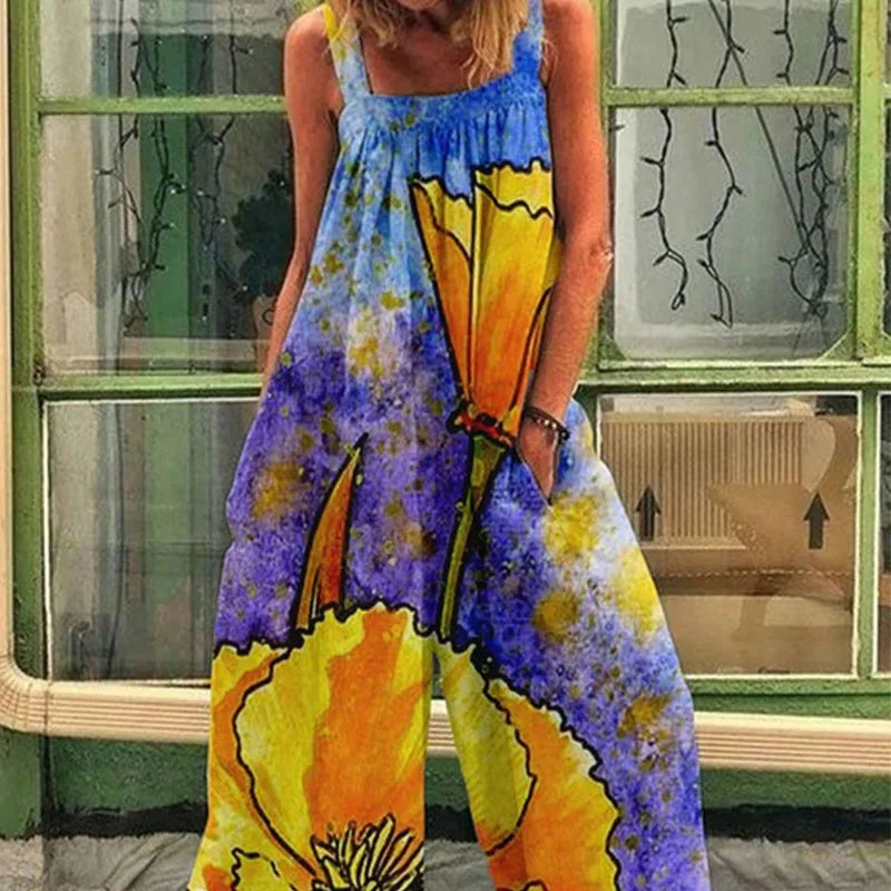Plus Size Summer New Trendy And Fashionable Printed Commuting Temperament Loose Backstraps Wide Leg Jumpsuit Women'S Pants