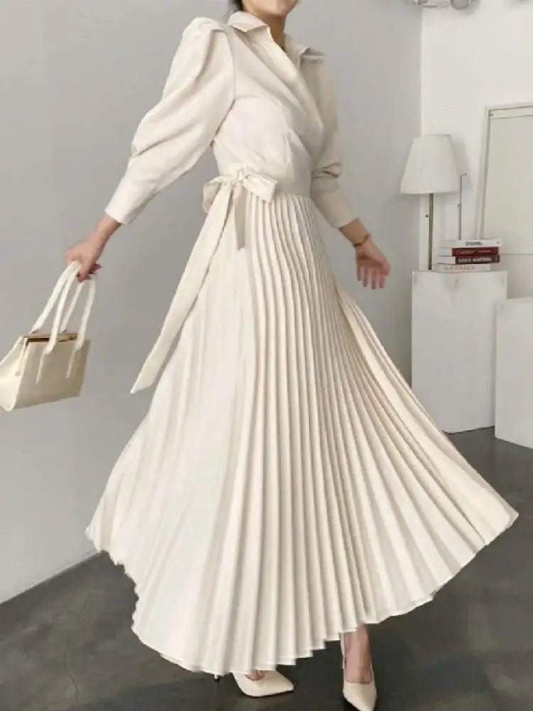Onecozyday Women Midi Dress 2023 Autumn New Laple Collar Puff Sleeves High Waisted Pleated Dresses Elegant Evening Party Dress