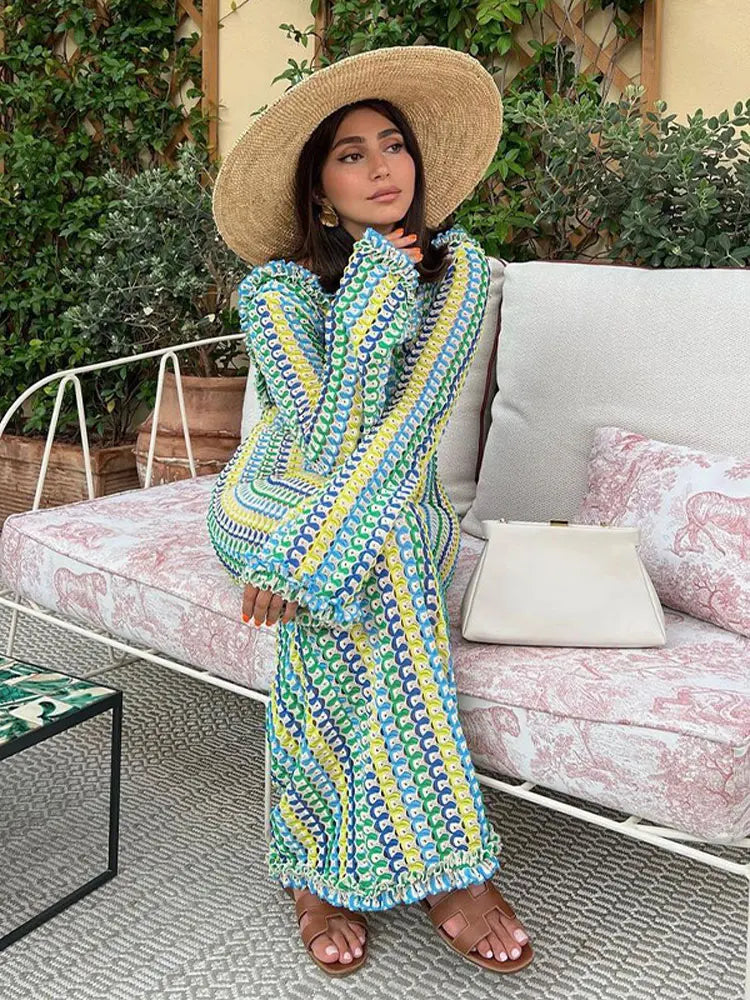 Contrast A-line Vestidos Female Party Club Vacation Robes Sexy Backless Women's Flare Sleeves Long Dress Fashion Elegant