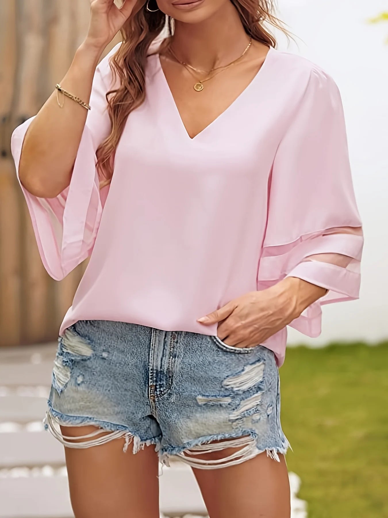 Plus Size New Women Summer Loose V Neck Tops Ladies Mesh Stitching 3/4 Sleeve Casual Holiday Blouse Shirt Female Blusas