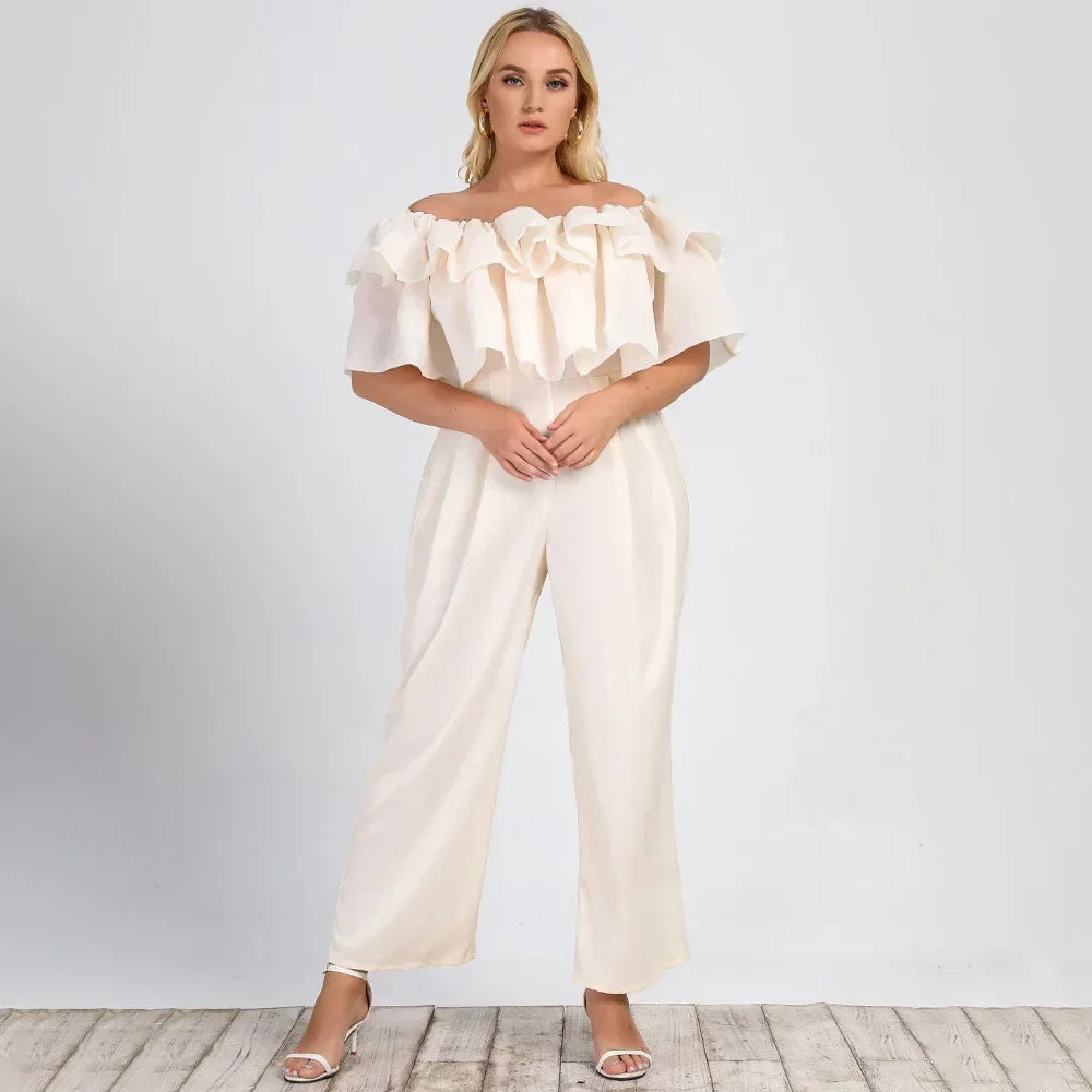 Plus Size Solid Ruffle Off Shoulder Jumpsuit Curvy Aesthetic Spring Fashion Women Jumpsuit Elegant High Waist Wide Leg Jumpsuits