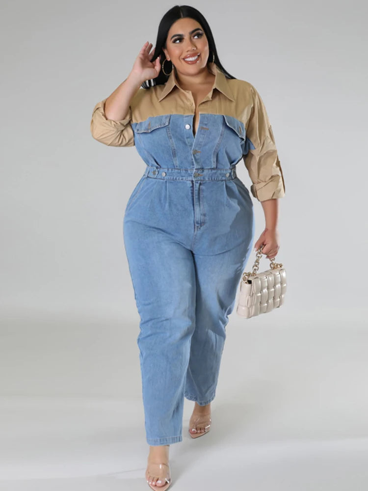 Full-length Jumpsuit for Women Jumpsuit Long Elegant with Jeans Female Casual Shirt Jumpsuit Plus Size Wholesale Dropshipping