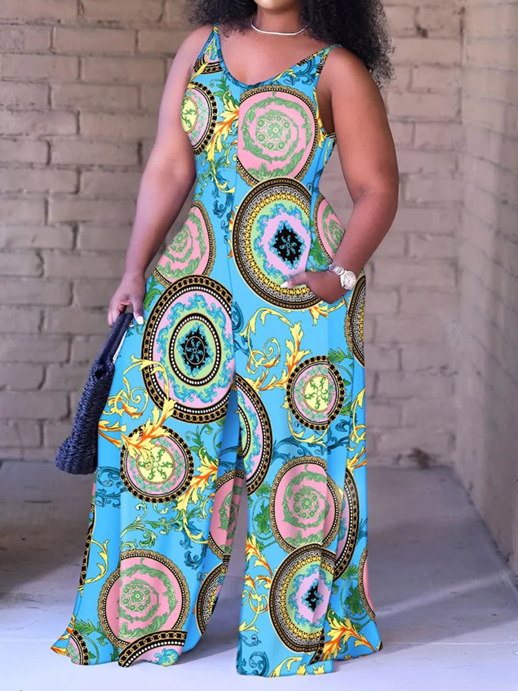 Plus Size Baroque Scarf Print Wide Leg Jumpsuit