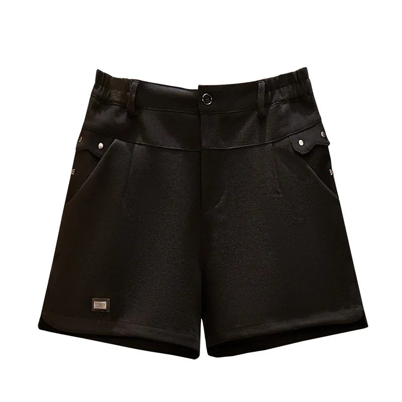 New 2022 Autumn Winter Plus Size Shorts For Women Large Casual Black Wide Leg Pocket Woolen Thick Shorts 3XL 4XL 5XL 6XL 7XL