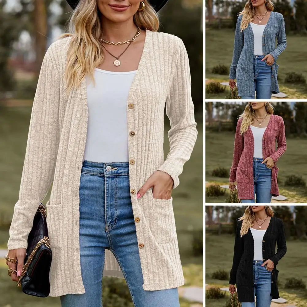 Front Button Pocket Coat Solid Color Cardigan Cozy Knitted Women's Winter Fall Coat Long Sleeve Soft Warm with for Ladies