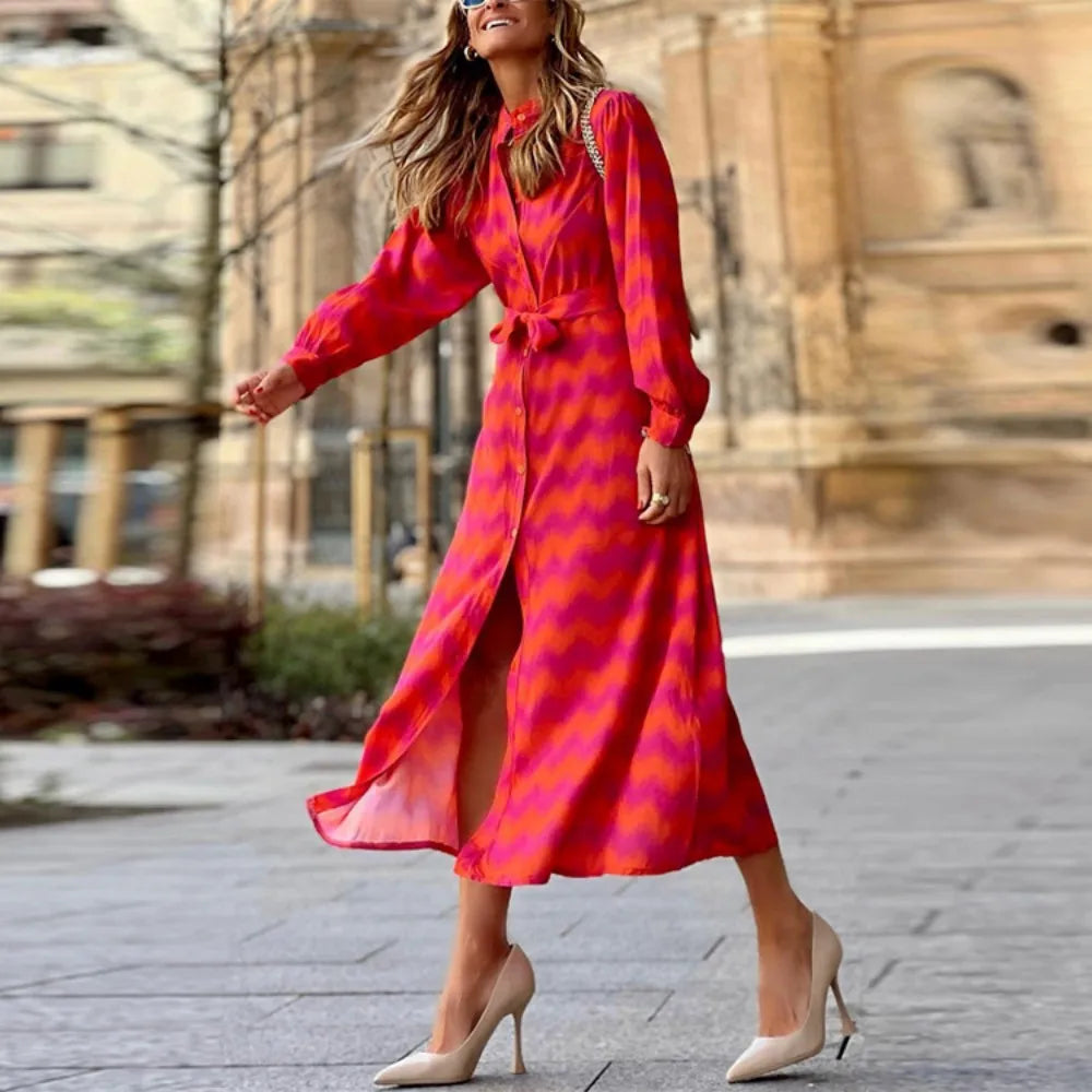 New European and American women's printed lace up contrasting Bohemian slit dress