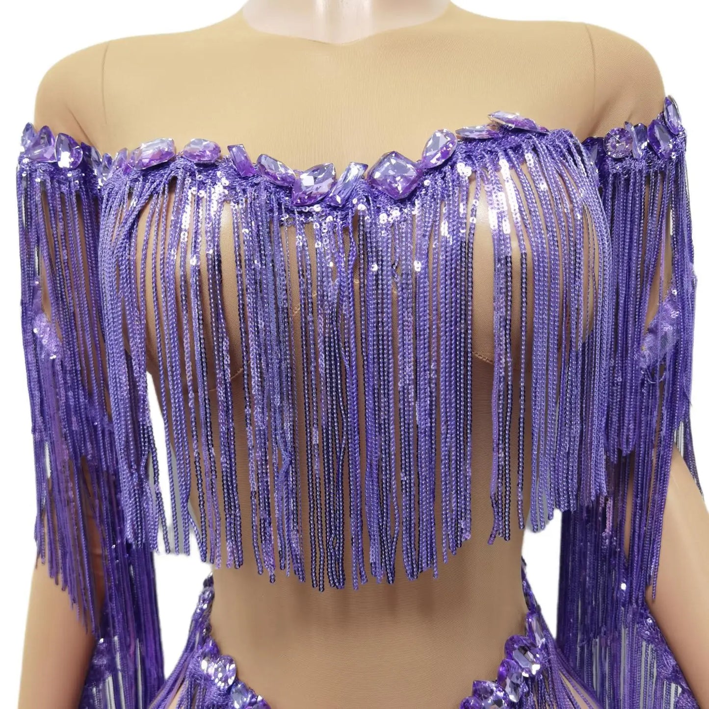 Purple Shining Rhinestones Tassel Bodysuits Women Fashion Show Model Clothing Sexy Stage Costume Jazz Dance Wears Weixiao