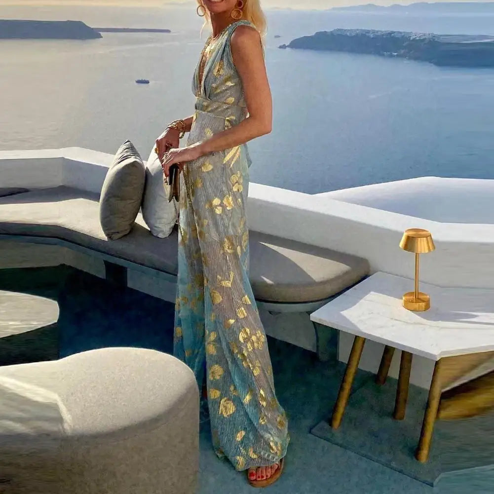 Party Dress Flowy Hem Soft Ankle-Length Elegant Bronzing Applique Casual Vest Gown Dress Beach Dress Female Clothing