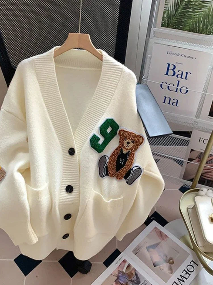 Bear Embroidery Diamond Jacquard Sweater Women Autumn Winter Pullover Pink Cardigan Knit Jumper Casual Warm Y2k Top Jumpers