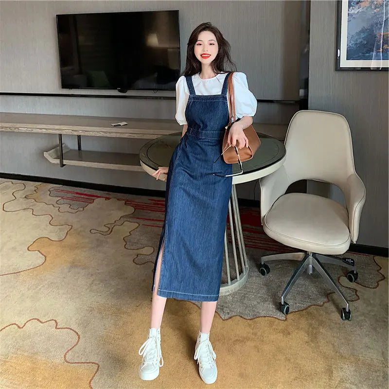 Women's Summer Fashion Side Split Dress Korean Edition Casual Denim Strap Dress Versatile Thin And Small Design Long Dress
