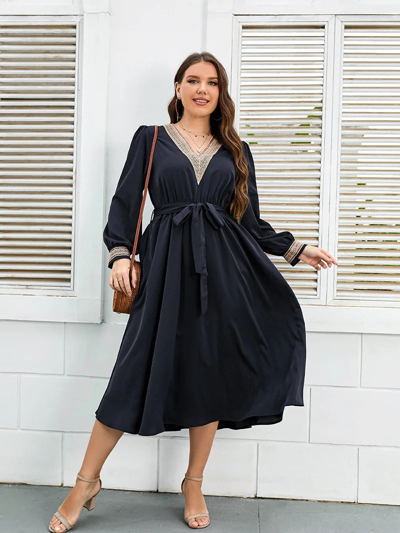 Plus Size Women Dress V Neck Long Sleeves Robe Waist Belt Solid Color Dress Autumn Female Elegant Party Long Gown Clothing