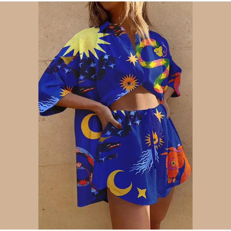 Animal Printed Women Short Sleeve Shirt Shorts Suit Casual Loose Elastic Waist Shorts Set 2023 Beach Holiday Female Outfits