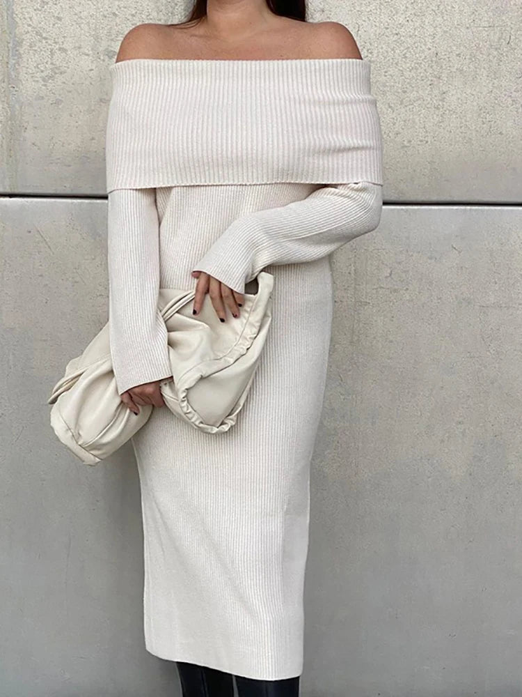 Vintage Women Elegant Off The Shouder Bomb Knitted Long Dresses Spring Fashion Ladies Slim Chic Dress Female Stylish