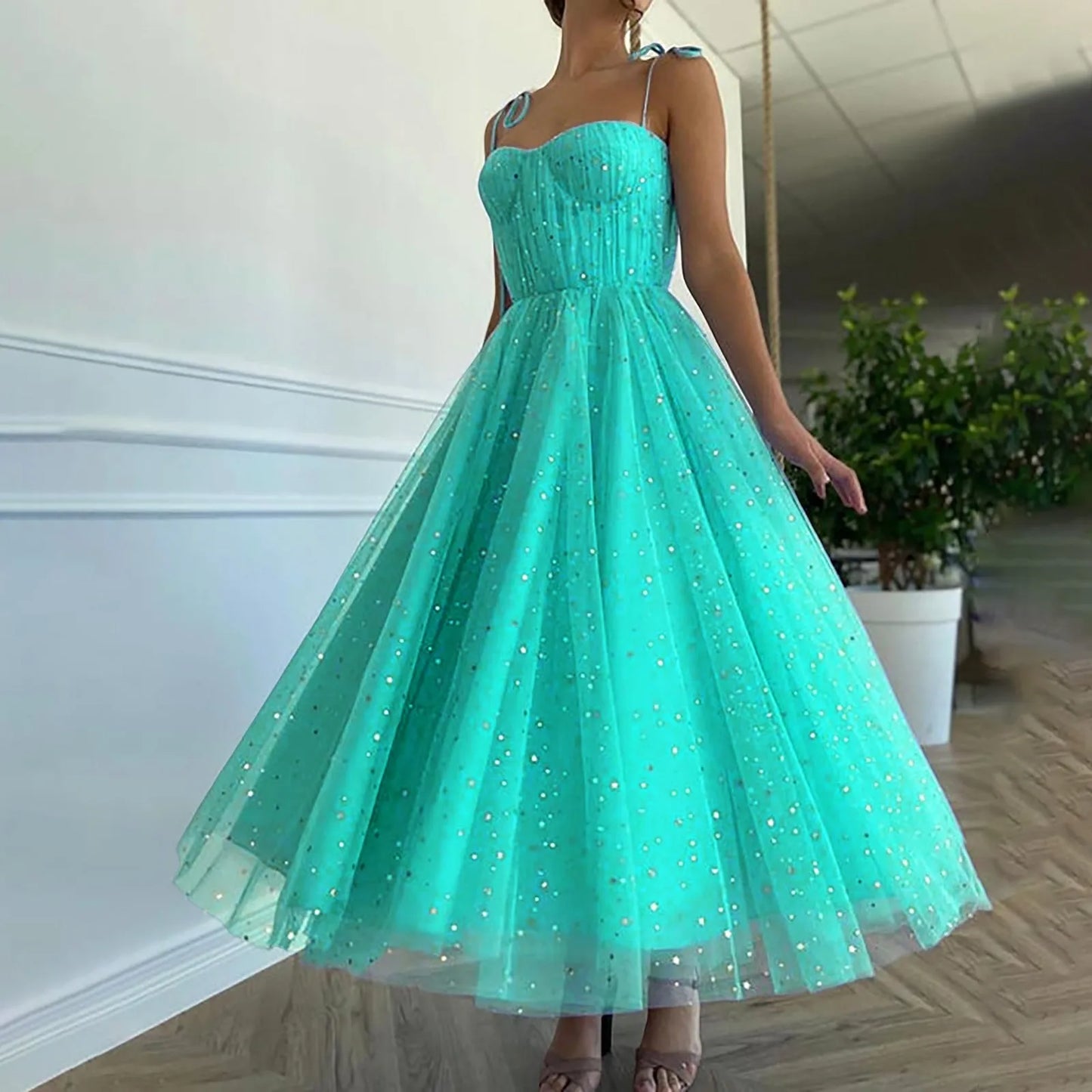 Summer Bling Stars Sequin Dress Women Vintage V Neck Sexy Mesh Dresses Ladies Spaghetti Strap Party Tulle Dress Vestidos Mujer