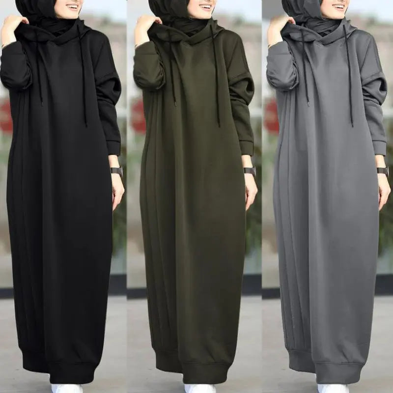Muslim Dress Autumn/Winter Women's Sweatshirt Fashion Hooded Long Sleeve Long Dress Casual Solid Color Hooded Tank Top Robe