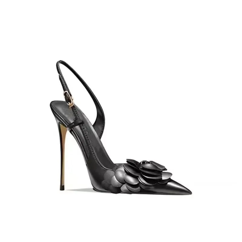2023 New Genuine Leather Off White Camellia Buckle Shallow Mouth Sexy Celebrity Style Women's High Heel Sandals