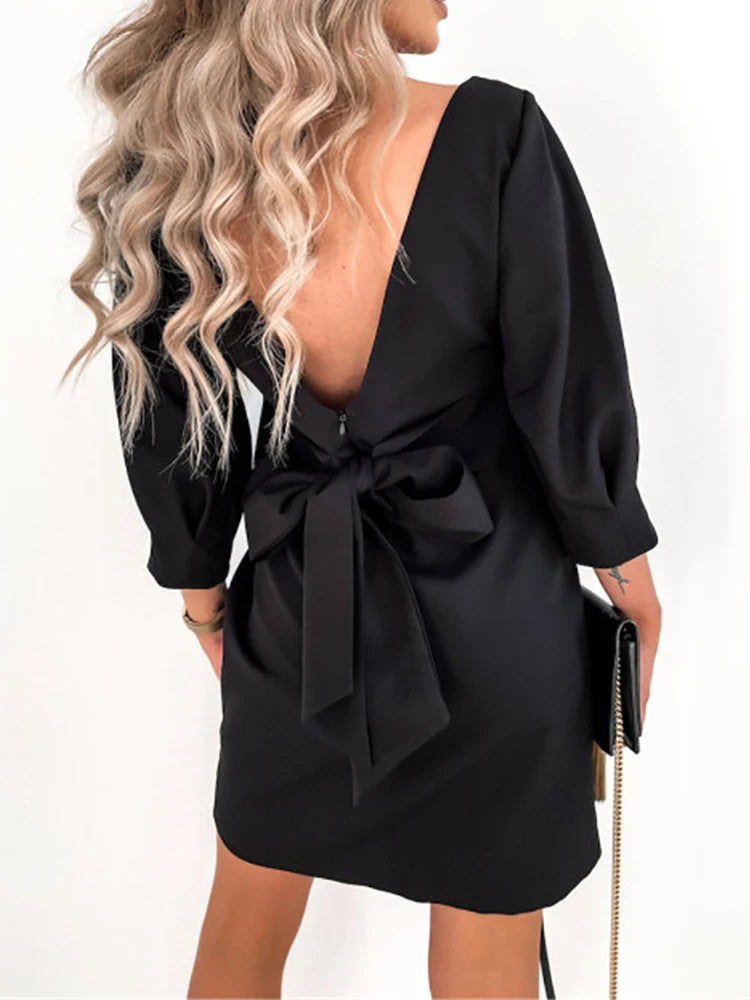 Women Solid O-Neck Princess Party Dress Spring Autumn Sexy Three Quarter Sleeve Ladies Bow Backless Streetwear Dropshipping