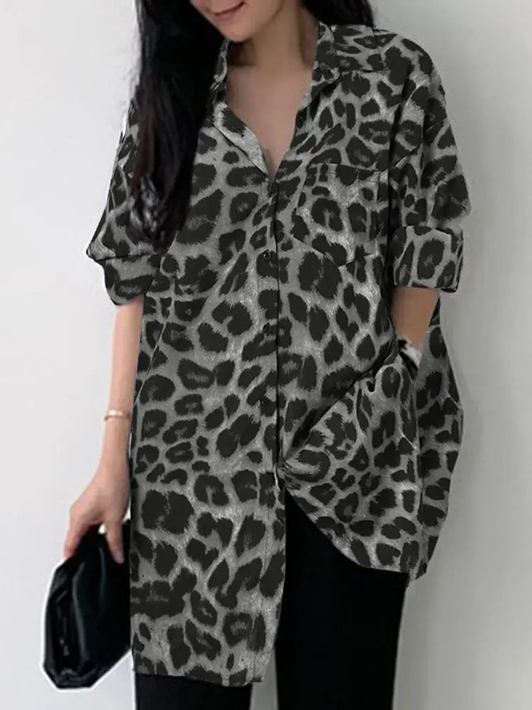 ZANZEA Women Bohemian Leopard Print Shirt Vintage Casual Tunic Top Autumn Lapel Neck Long Sleeve Blouse Button Loose Blusas